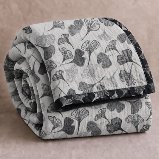Ownkoti Grey‑Black Ginkgo Leaf Cotton Blanket - Light Gray - 98" x 94" - image 0