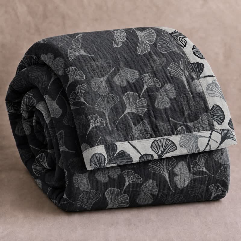 Ownkoti Grey‑Black Ginkgo Leaf Cotton Blanket - Black - 98" x 94" - image 6