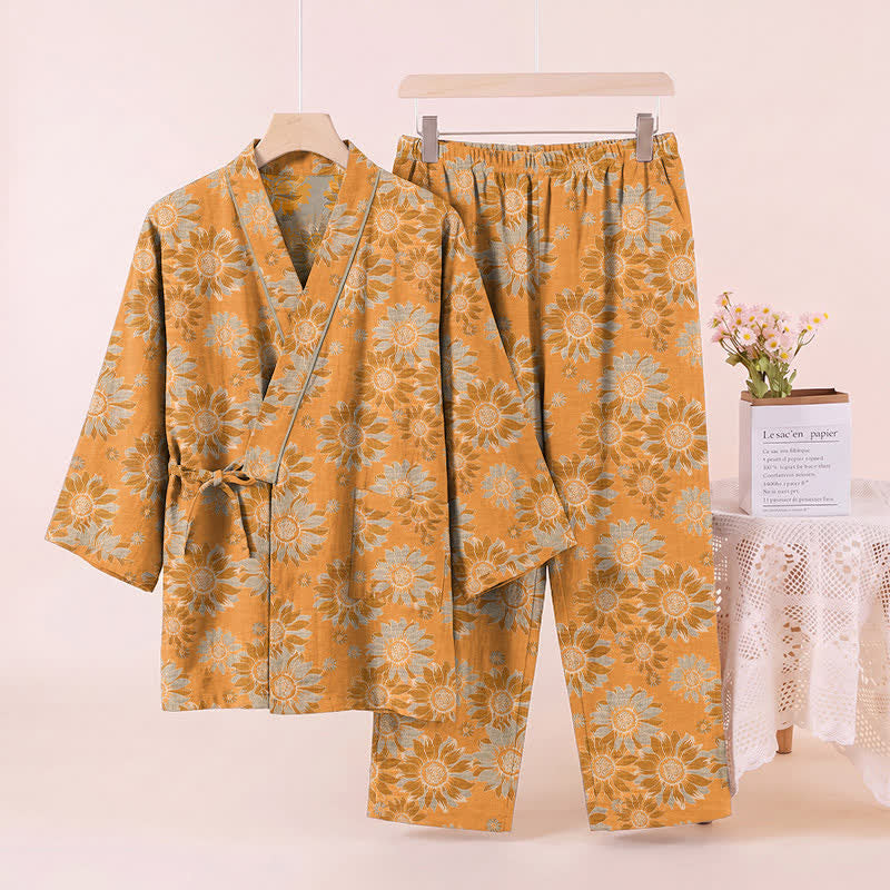 Ownkoti Retro Sunflower Cotton Kimono Pajama Set - image 2