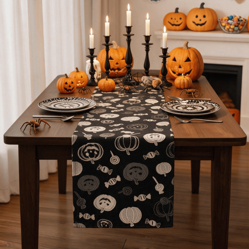 Ownkoti Black Halloween Pumpkin & Candy Cotton Table Runner - Black - 14" x 108" - image 0