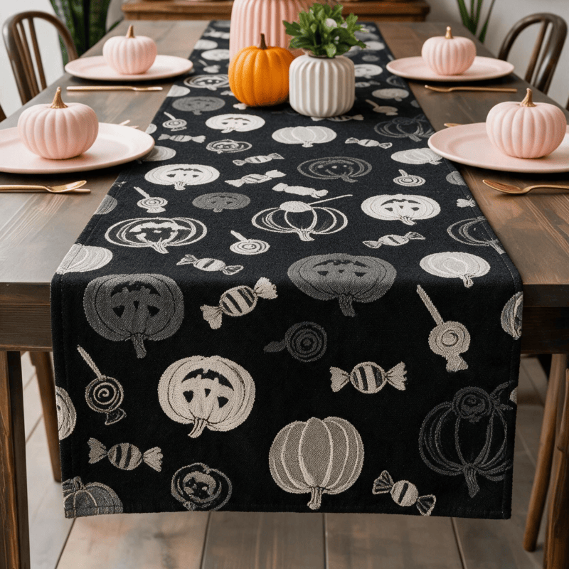 Ownkoti Black Halloween Pumpkin & Candy Cotton Table Runner - image 1