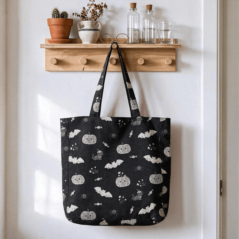 Ownkoti Halloween Pumpkin Cat Cotton Tote Shoulder Bag - Black - 14.2"W × 15.4"H × 4.1"D - image 0