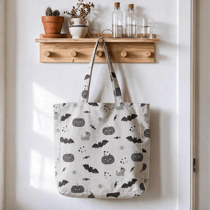 Ownkoti Halloween Pumpkin Cat Cotton Tote Shoulder Bag - Gray - 14.2"W × 15.4"H × 4.1"D - image 3