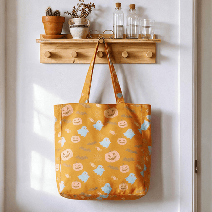 Ownkoti Multi‑Color Halloween Ghost Cotton Tote Bag - Orange & Yellow - 14.2"W × 15.4"H × 4.1"D - image 0