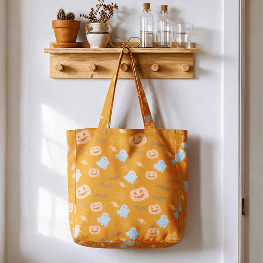 Ownkoti Multi‑Color Halloween Ghost Cotton Tote Bag - Orange & Yellow - 14.2"W × 15.4"H × 4.1"D - image 0