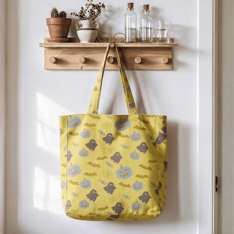 Ownkoti Multi‑Color Halloween Ghost Cotton Tote Bag - Yellow & Gray - 14.2"W × 15.4"H × 4.1"D - image 6