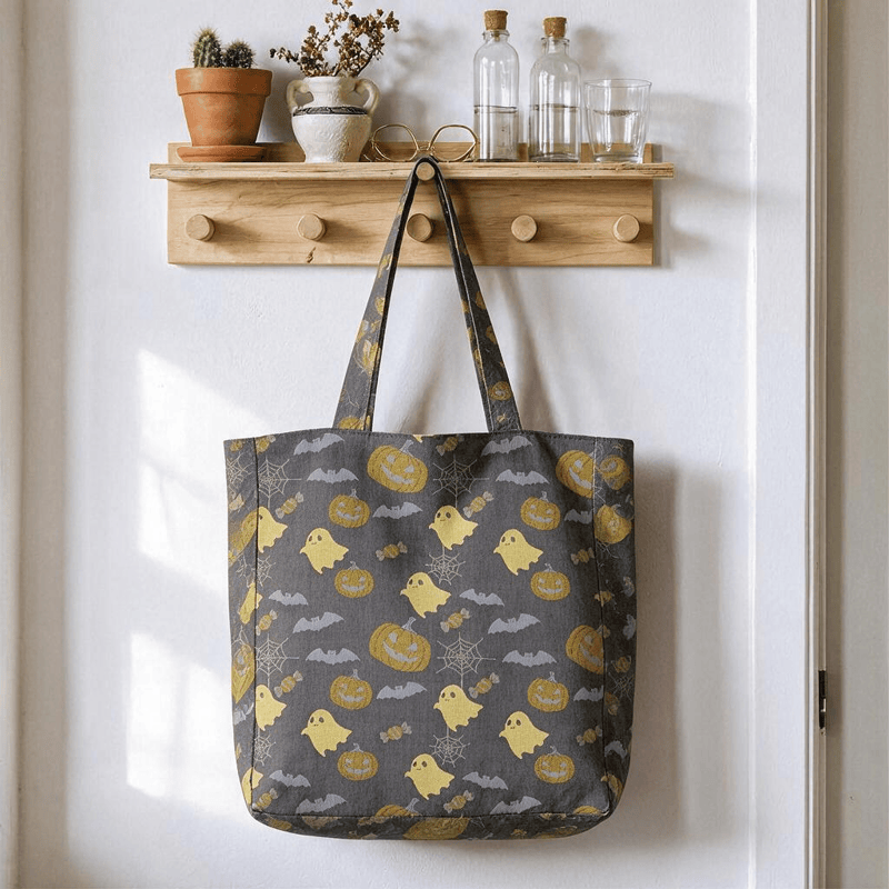 Ownkoti Multi‑Color Halloween Ghost Cotton Tote Bag - Coffee & Yellow - 14.2"W × 15.4"H × 4.1"D - image 9