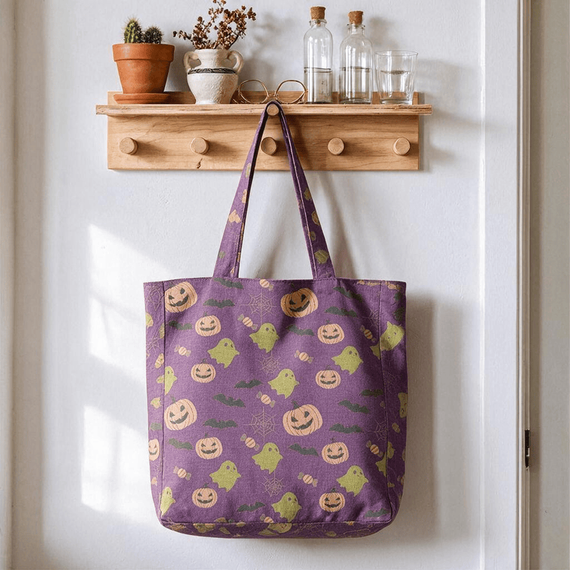 Ownkoti Multi‑Color Halloween Ghost Cotton Tote Bag - Deep Purple - 14.2"W × 15.4"H × 4.1"D - image 18
