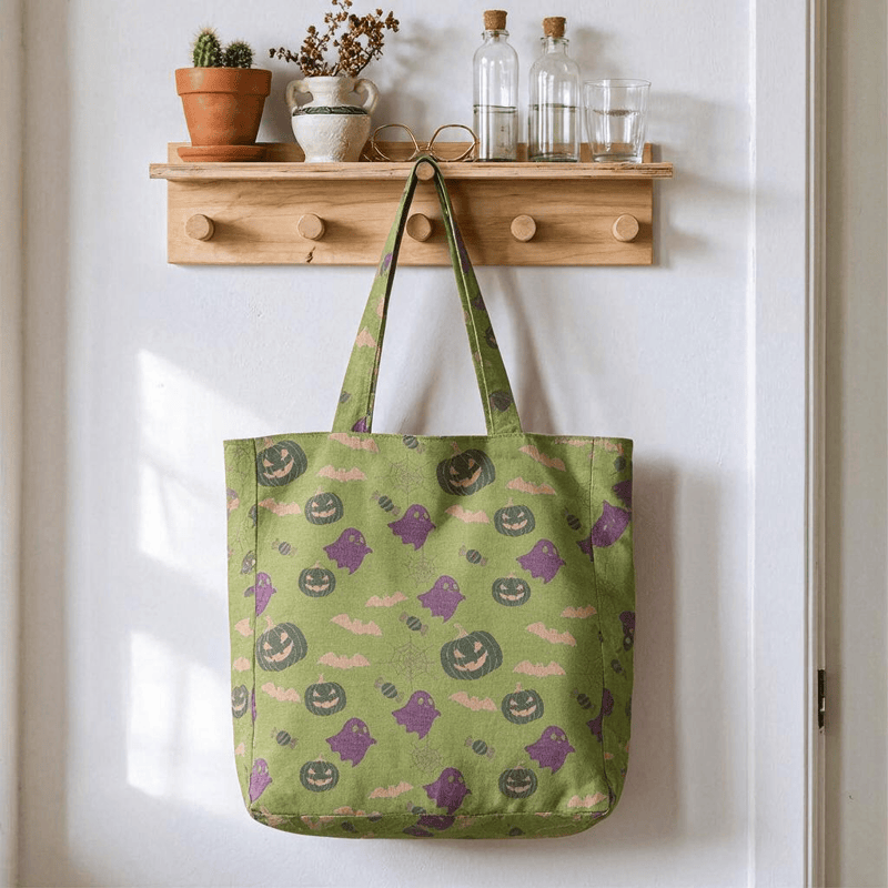 Ownkoti Multi‑Color Halloween Ghost Cotton Tote Bag - Green & Purple - 14.2"W × 15.4"H × 4.1"D - image 21