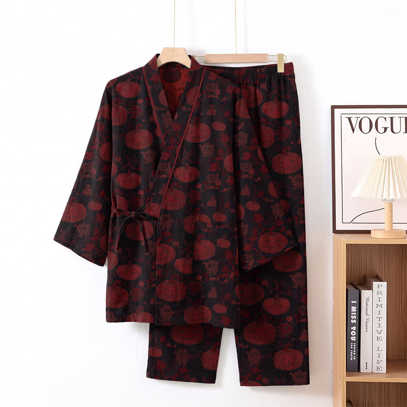 Ownkoti Halloween Pumpkin Cotton Kimono Pajama Set - Black - XL - image 6