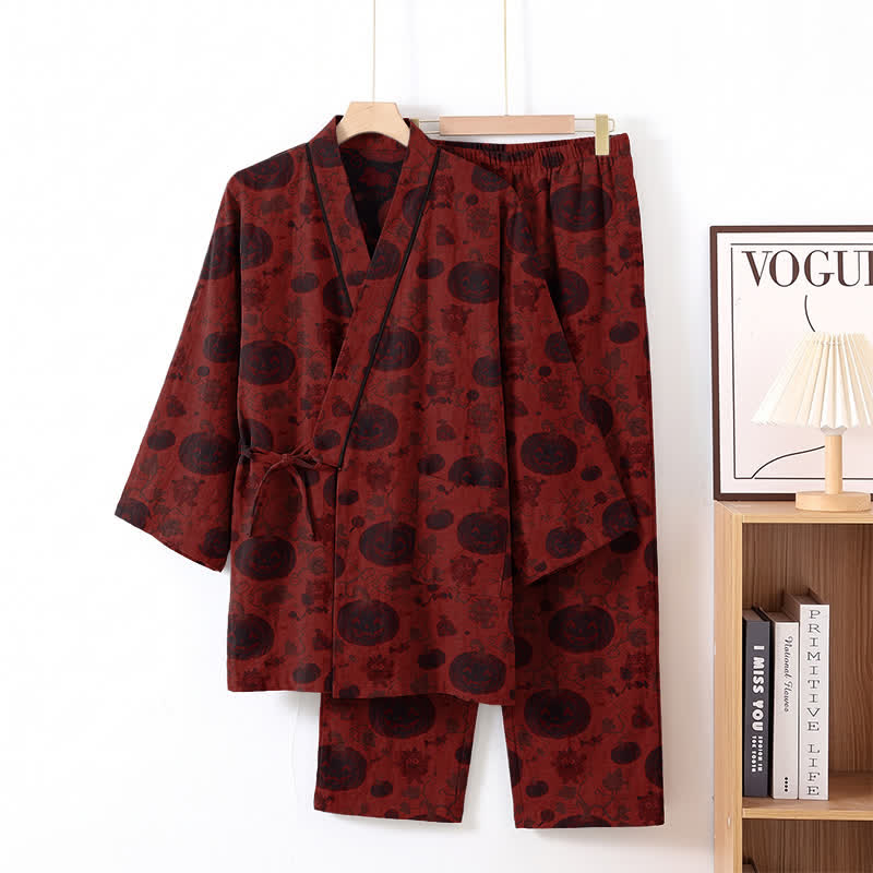 Ownkoti Halloween Pumpkin Cotton Kimono Pajama Set - Red - XL - image 1