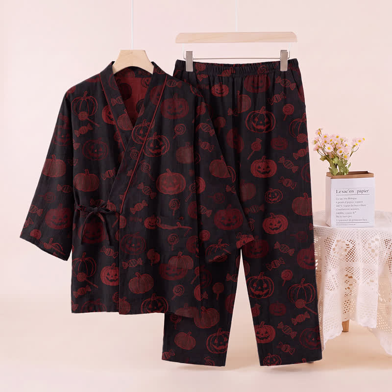 Ownkoti Halloween Pumpkin Candy Cotton Kimono Pajama Set - image 8