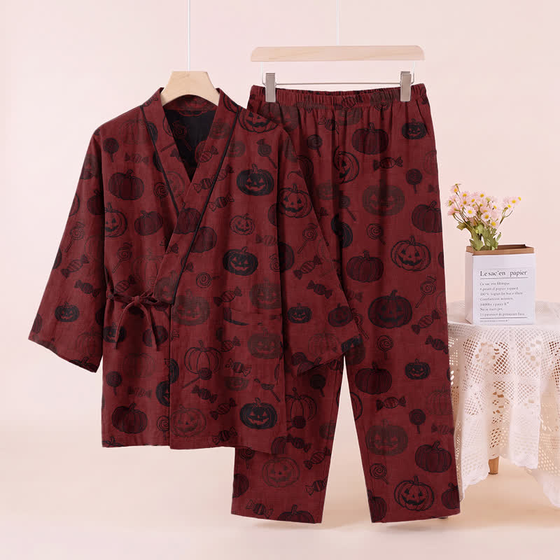 Ownkoti Halloween Pumpkin Candy Cotton Kimono Pajama Set - Red - XL - image 2