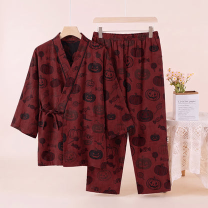 Ownkoti Halloween Pumpkin Candy Cotton Kimono Pajama Set - Red - XL - image 2