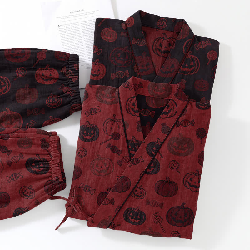 Ownkoti Halloween Pumpkin Candy Cotton Kimono Pajama Set - image 5