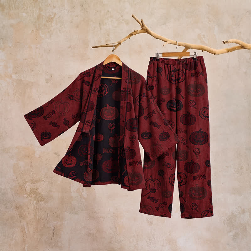 Ownkoti Halloween Pumpkin Candy Cotton Kimono Pajama Set - image 4