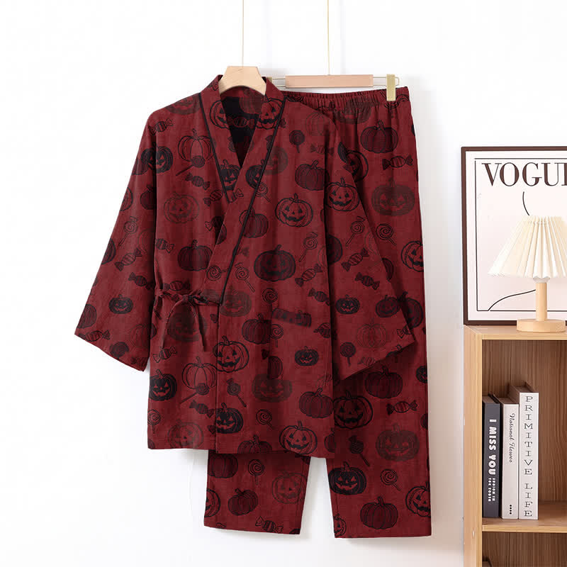 Ownkoti Halloween Pumpkin Candy Cotton Kimono Pajama Set - Red - L - image 1
