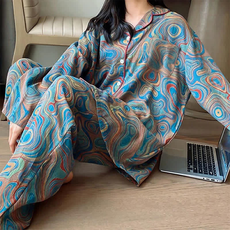 Ownkoti Plus Size Art Print Cotton Loungewear Set - Blue - 5XL - image 1