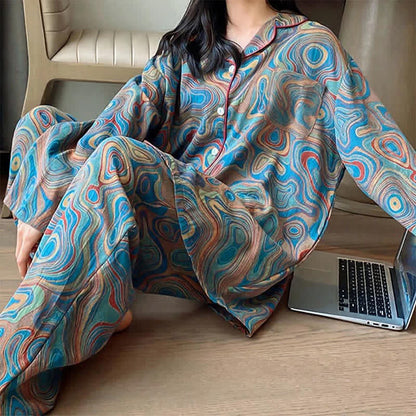Ownkoti Plus Size Art Print Cotton Loungewear Set - Blue - 5XL - image 1