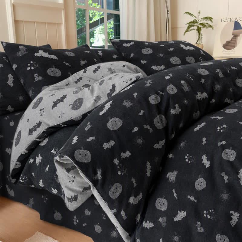 Ownkoti Halloween Pumpkin Bat Cotton 4-Piece Duvet Bedding Set - Black - Bedding Set(4PCS) - King - image 0