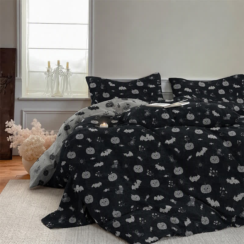 Ownkoti Halloween Pumpkin Bat Cotton 4-Piece Duvet Bedding Set - image 3