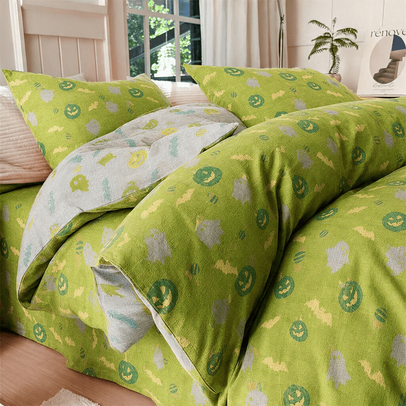 Ownkoti Multi‑Color Pumpkin Ghost Cotton Bedding Set - Green & Yellow - Bedding Set(4PCS) - King - image 7