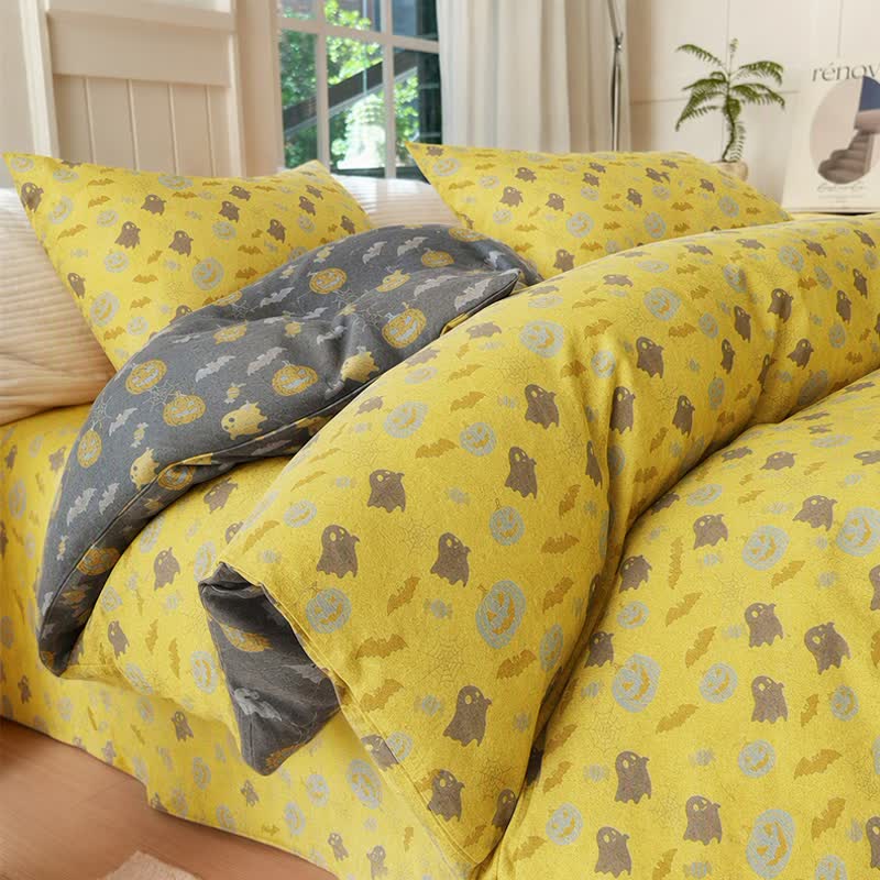 Ownkoti Multi‑Color Pumpkin Ghost Cotton Bedding Set - Yellow & Gray - Bedding Set(4PCS) - King - image 0