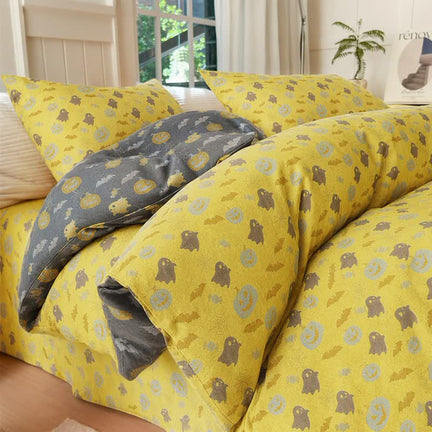 Ownkoti Multi‑Color Pumpkin Ghost Cotton Bedding Set - Yellow & Gray - Bedding Set(4PCS) - King - image 0