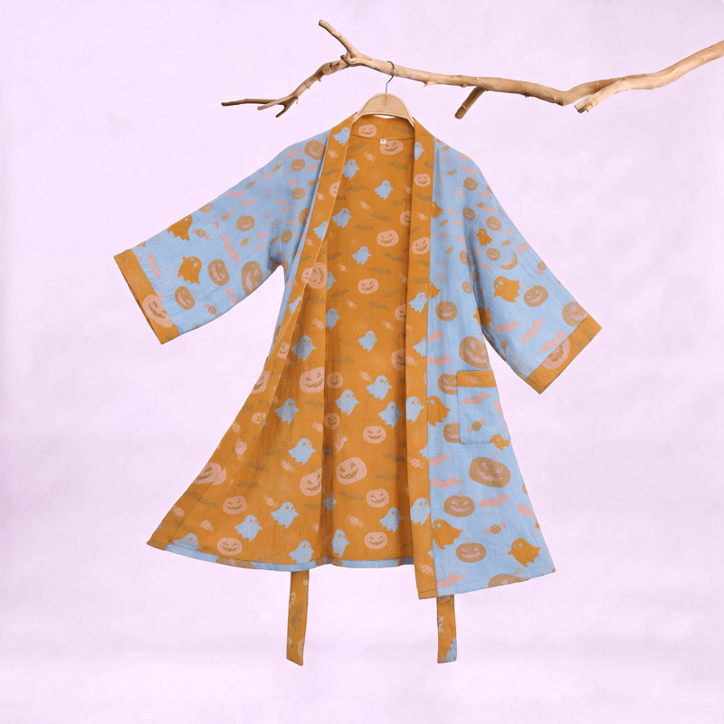 Ownkoti Multi‑Color Pumpkin Halloween Cotton Kimono Robe - Blue & Orange - XXL - image 5