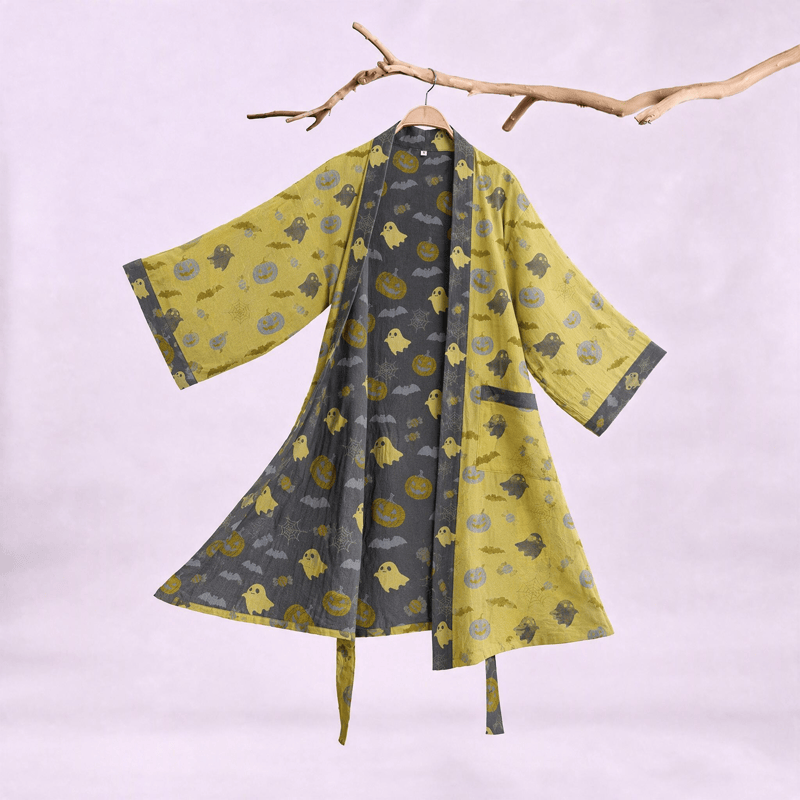 Ownkoti Multi‑Color Pumpkin Halloween Cotton Kimono Robe - Yellow & Gray - XXL - image 10