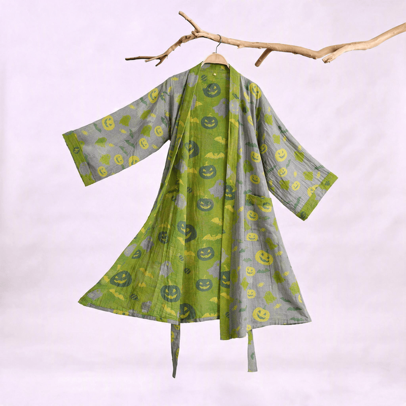 Ownkoti Multi‑Color Pumpkin Halloween Cotton Kimono Robe - Gray & Green - XXL - image 25