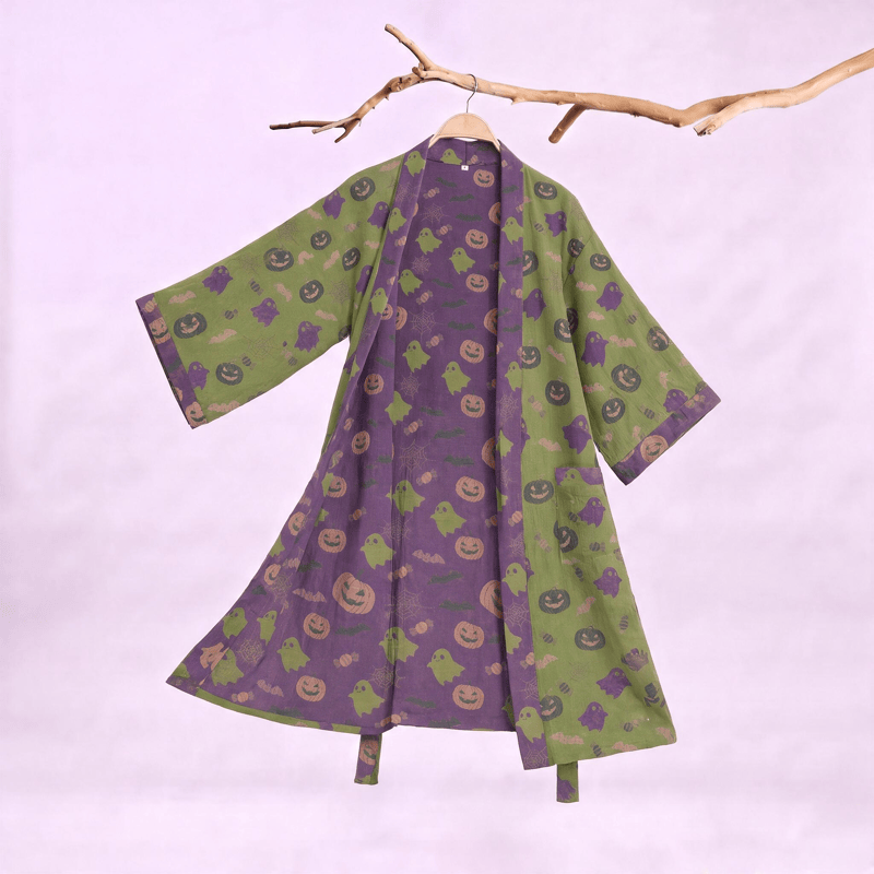 Ownkoti Multi‑Color Pumpkin Halloween Cotton Kimono Robe - Green & Purple - XXL - image 35