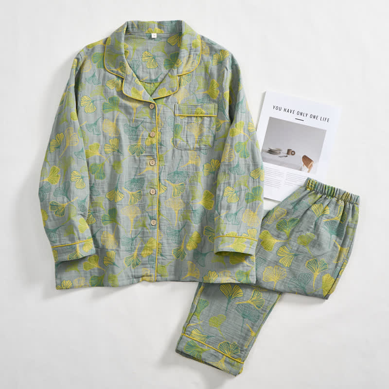 Ownkoti Nature‑Inspired Ginkgo Leaf Cotton Loungewear Set - Light Gray - XL - image 9