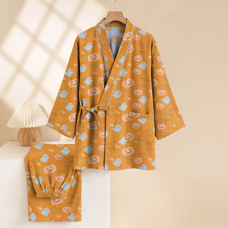 Ownkoti Halloween Ghost Pumpkin Cotton Kimono Pajama Set - image 3