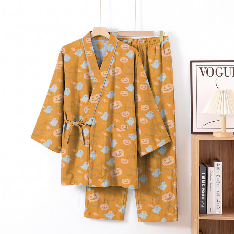 Ownkoti Halloween Ghost Pumpkin Cotton Kimono Pajama Set - Orange & Yellow - XL - image 1