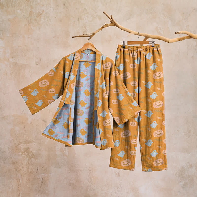 Ownkoti Halloween Ghost Pumpkin Cotton Kimono Pajama Set - image 4