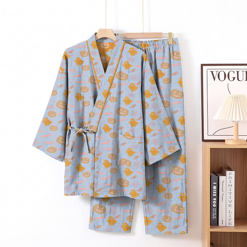 Ownkoti Halloween Ghost Pumpkin Cotton Kimono Pajama Set - Blue & Orange - XL - image 8