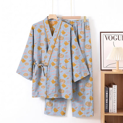 Ownkoti Halloween Ghost Pumpkin Cotton Kimono Pajama Set - Blue & Orange - XL - image 8