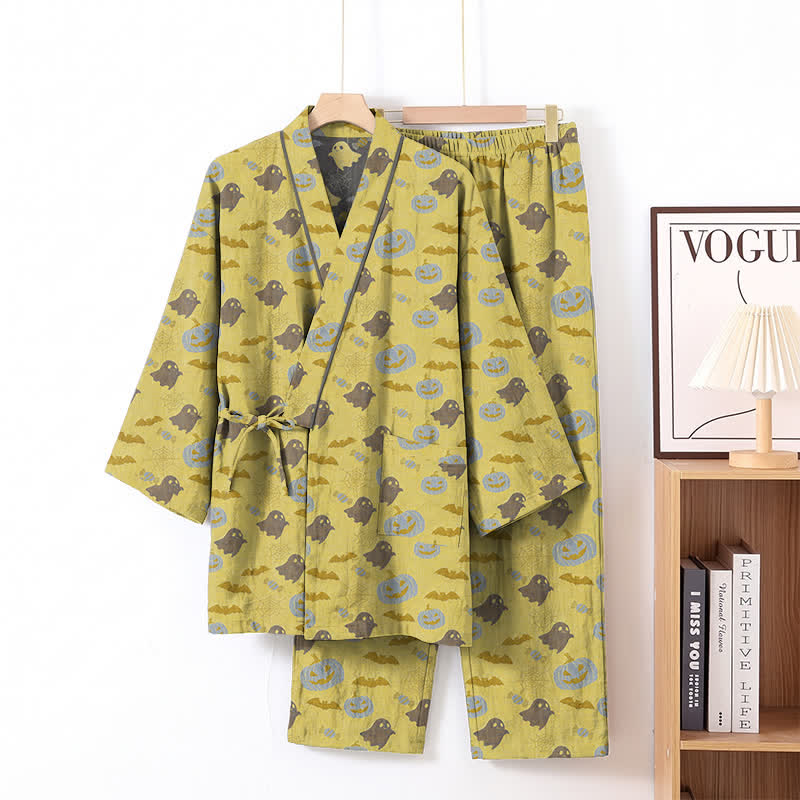 Ownkoti Halloween Ghost Pumpkin Cotton Kimono Pajama Set - Yellow & Gray - XL - image 16