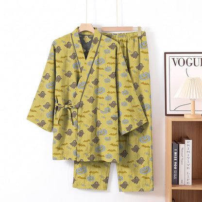 Ownkoti Halloween Ghost Pumpkin Cotton Kimono Pajama Set - Yellow & Gray - XL - image 16