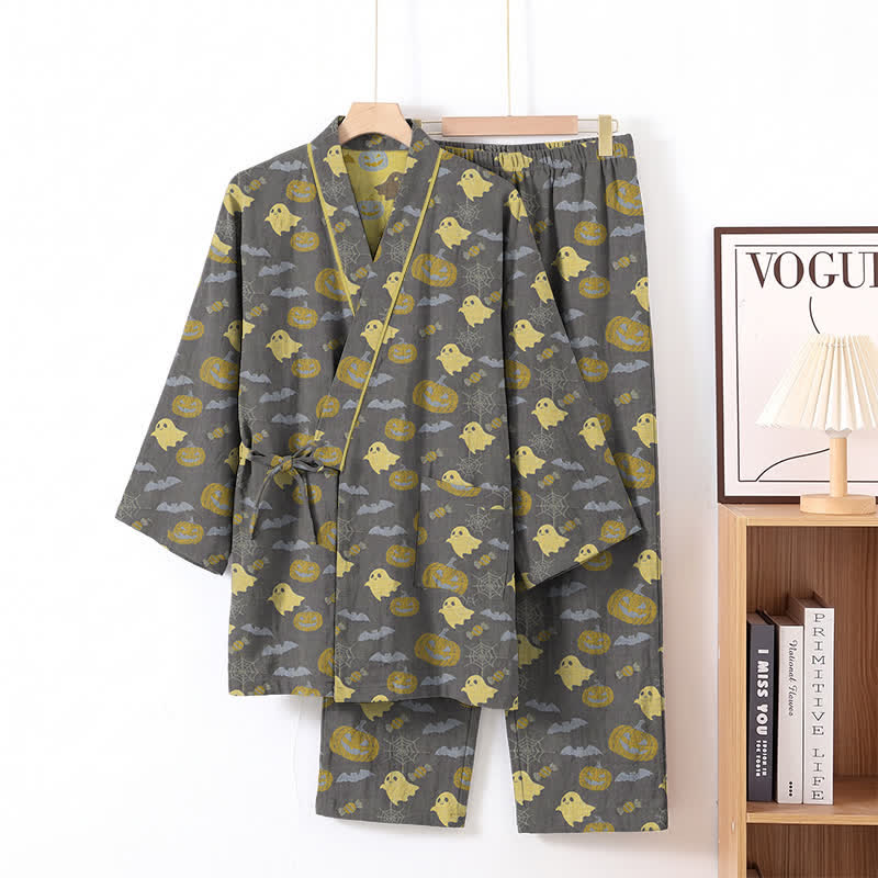 Ownkoti Halloween Ghost Pumpkin Cotton Kimono Pajama Set - Coffee & Yellow - XL - image 24