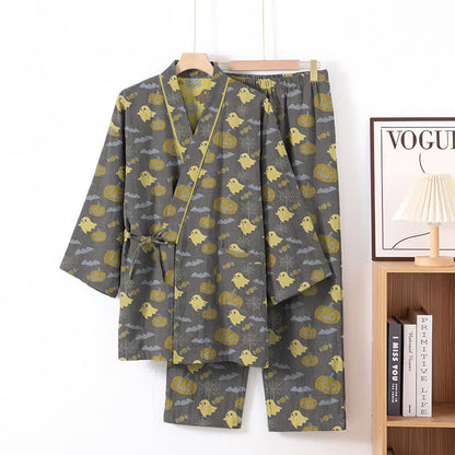 Ownkoti Halloween Ghost Pumpkin Cotton Kimono Pajama Set - Coffee & Yellow - XL - image 24