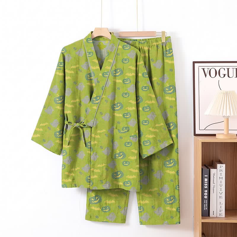 Ownkoti Halloween Ghost Pumpkin Cotton Kimono Pajama Set - Green & Yellow - XL - image 32