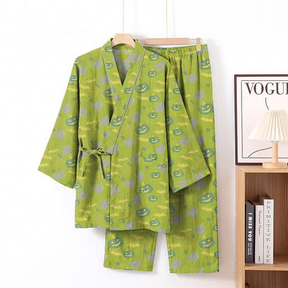 Ownkoti Halloween Ghost Pumpkin Cotton Kimono Pajama Set - Green & Yellow - XL - image 32
