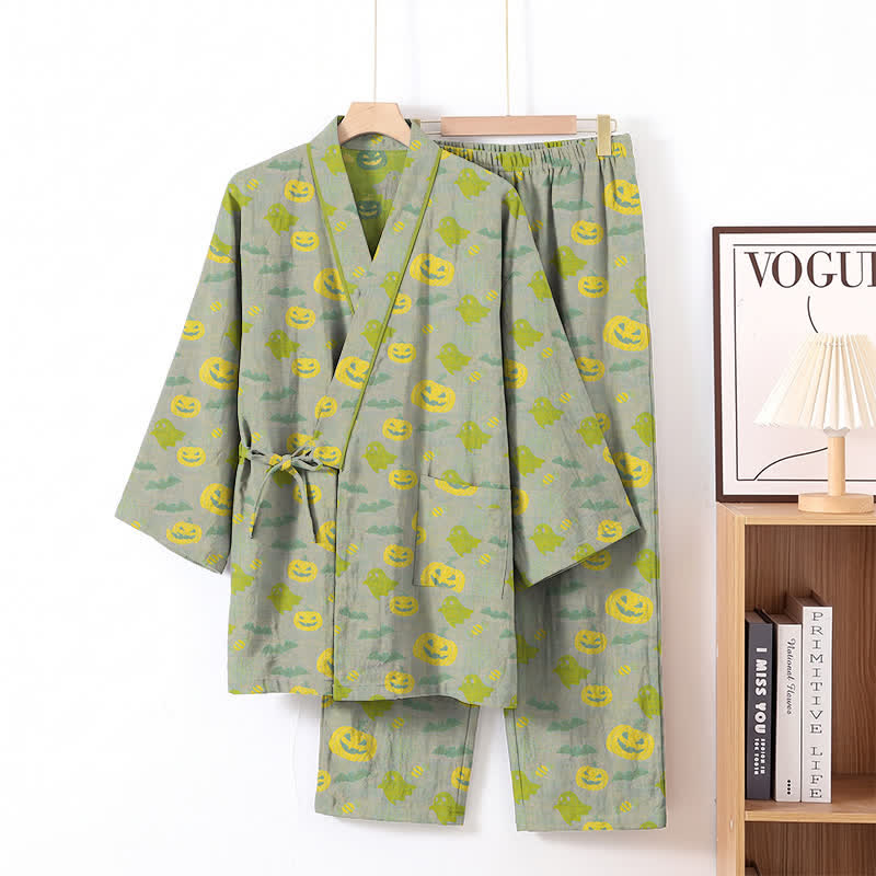 Ownkoti Halloween Ghost Pumpkin Cotton Kimono Pajama Set - Gray & Green - XL - image 40