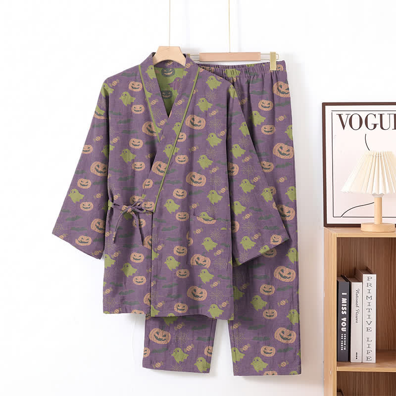 Ownkoti Halloween Ghost Pumpkin Cotton Kimono Pajama Set - Deep Purple - XL - image 48
