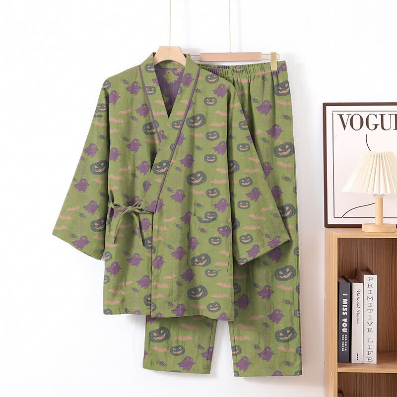 Ownkoti Halloween Ghost Pumpkin Cotton Kimono Pajama Set - Green & Purple - XL - image 56
