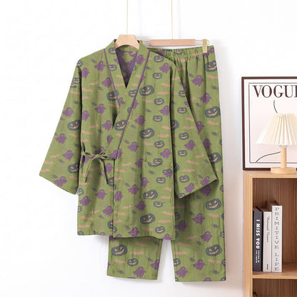 Ownkoti Halloween Ghost Pumpkin Cotton Kimono Pajama Set - Green & Purple - XL - image 56