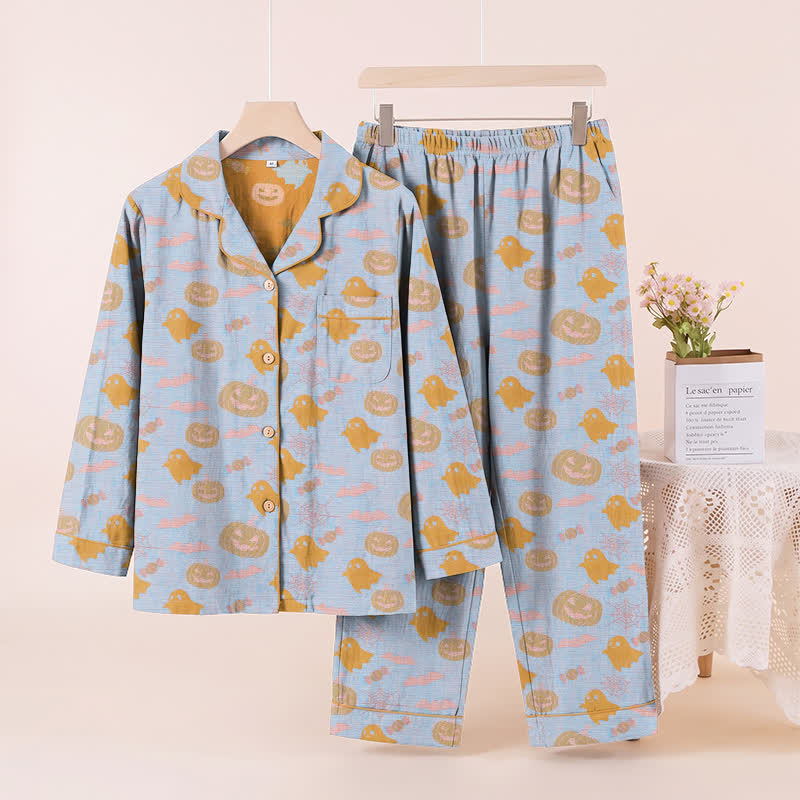 Ownkoti Cute Ghost Pumpkin Cotton Loungewear Set - Blue & Orange - XL - image 6