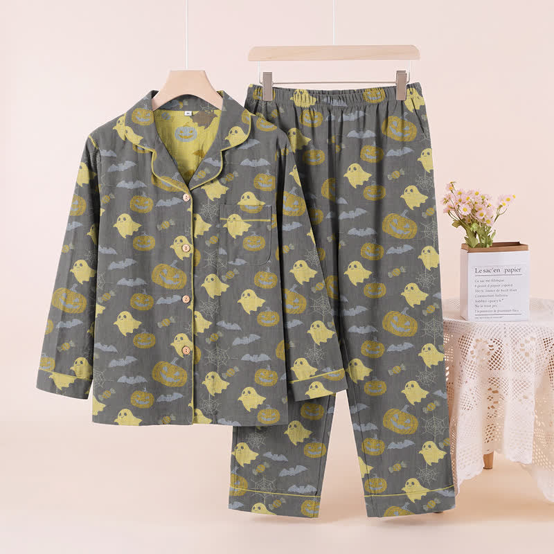 Ownkoti Cute Ghost Pumpkin Cotton Loungewear Set - Coffee & Yellow - XL - image 18